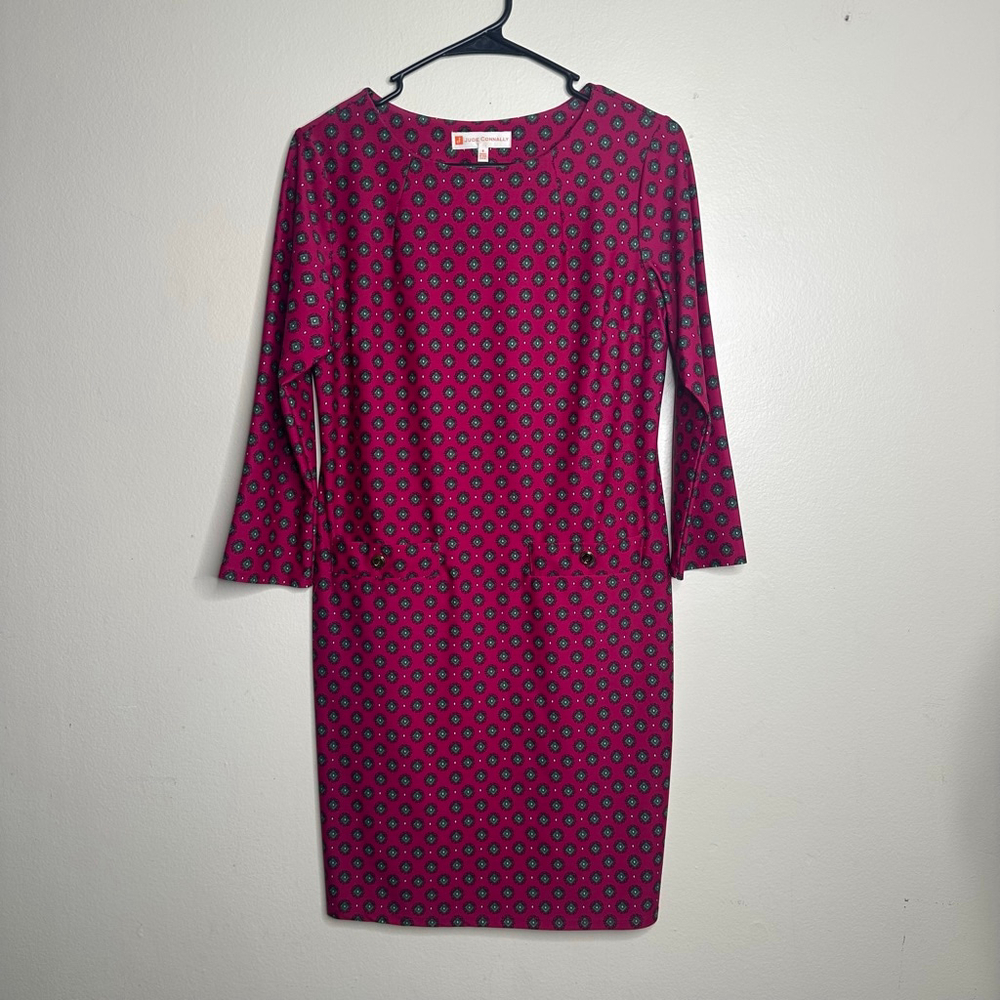 Jude Connally Sabine Shift Dress Nylon Pink‎ Magenta 3/4 Sleeves Size Small